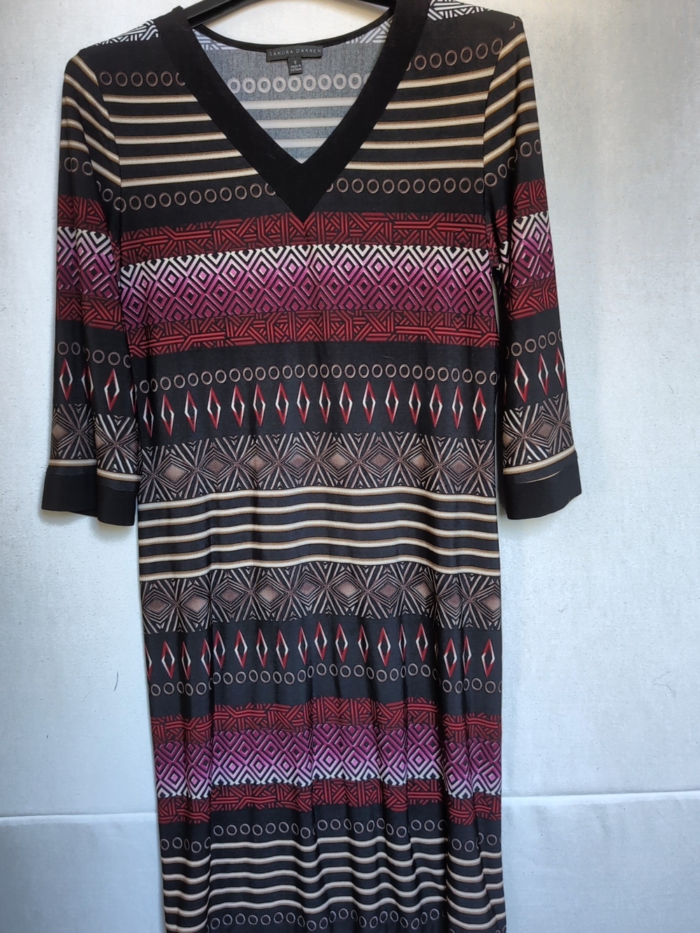 Sandra Darren Black Dress with Pink and Red Geometric Stripes